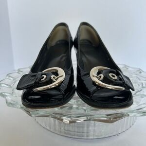 Stuart Weitzman Black Patent Leather‎ Block Heel Pumps Buckle Detail 6.5N